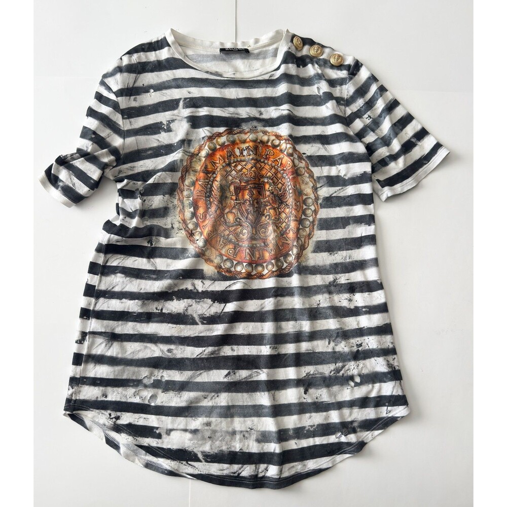 Authentic Balmain Women's White Distressed Crest Shirt Top EU 42 US M/L